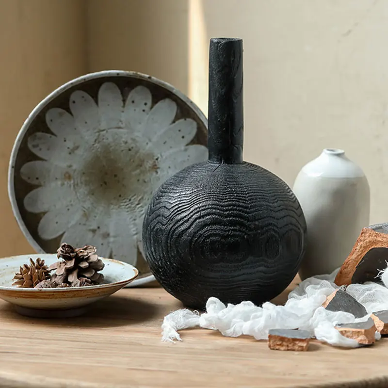 Black Round Ball Solid Wood Fine Mouth Vase Round  Retro Homestay Zen Japanese Style  Design Decor