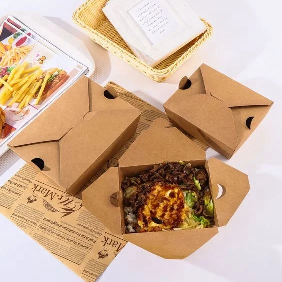 Customization Kraft Brown and White Paper Logo Design Take Out Box Food Paper Container for Restaurant