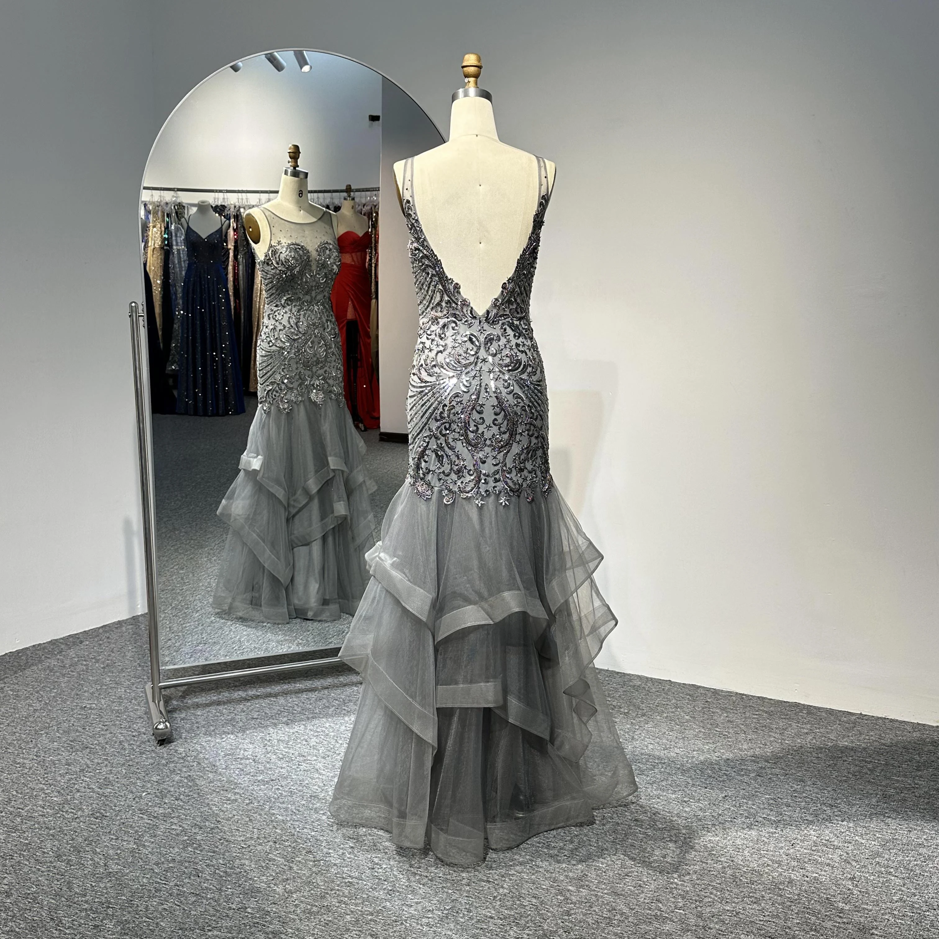Romantic Beaded Tulle Mermaid Evening Dresses Luxury Belt Decorated Prom Wedding Party XS Size Backless Design Elegant Natural