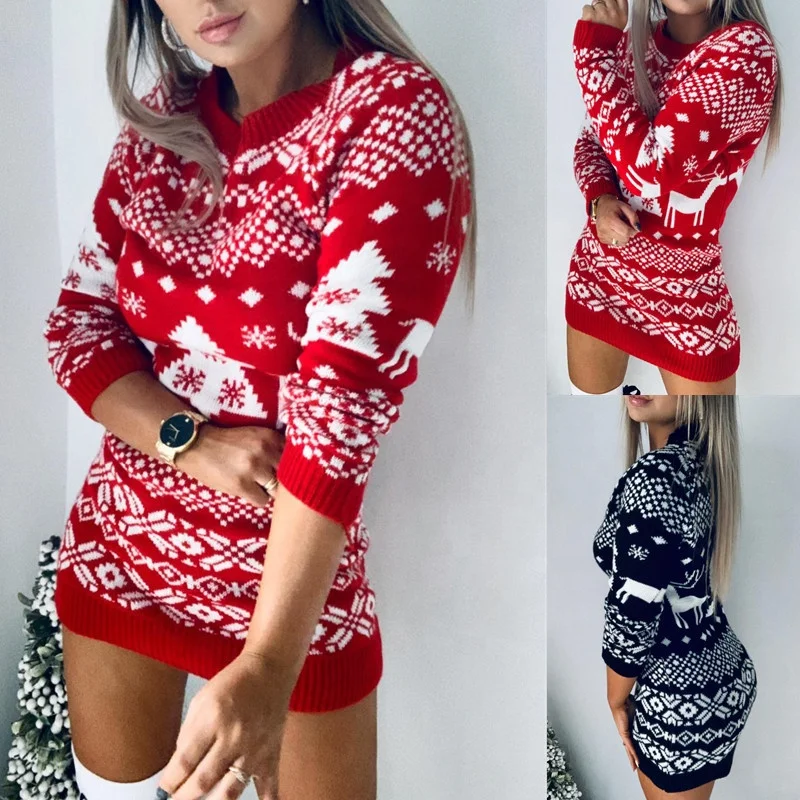 
Christmas Sweater Women Christmas Deer Warm Knitted Long Sleeve Sweater Jumper Top Winter Autumn Pullovers Plus Size 