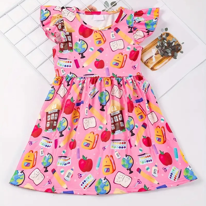 Organic bamboo kids dresses for girls ruffle sleeve 6-year old girl dress custom print dress kids jersey children clothes