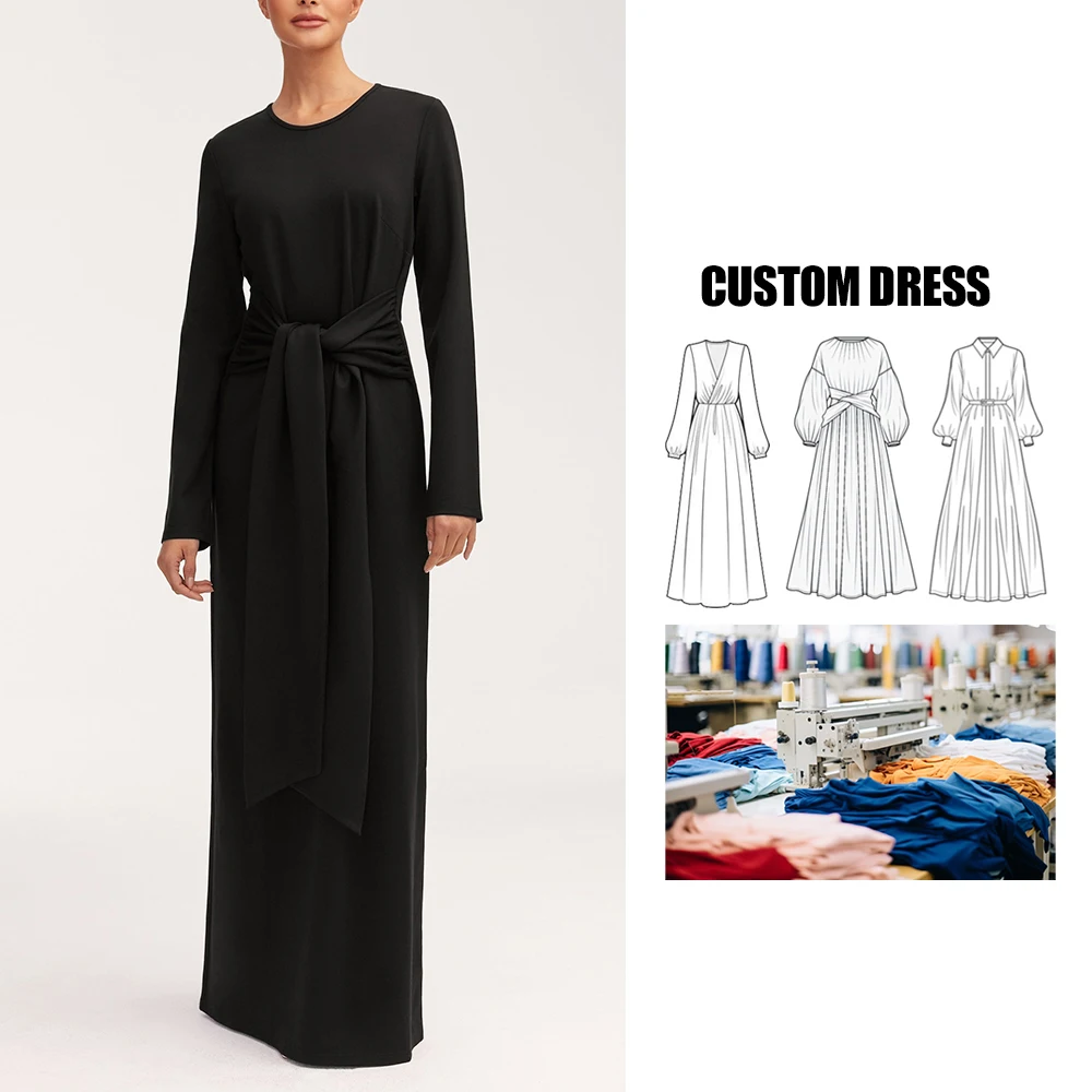 Clothing Supplier Plain long sleeves Crew Neck long sleeves Women casual Elegant Tie Front Maxi Dress For Ladies