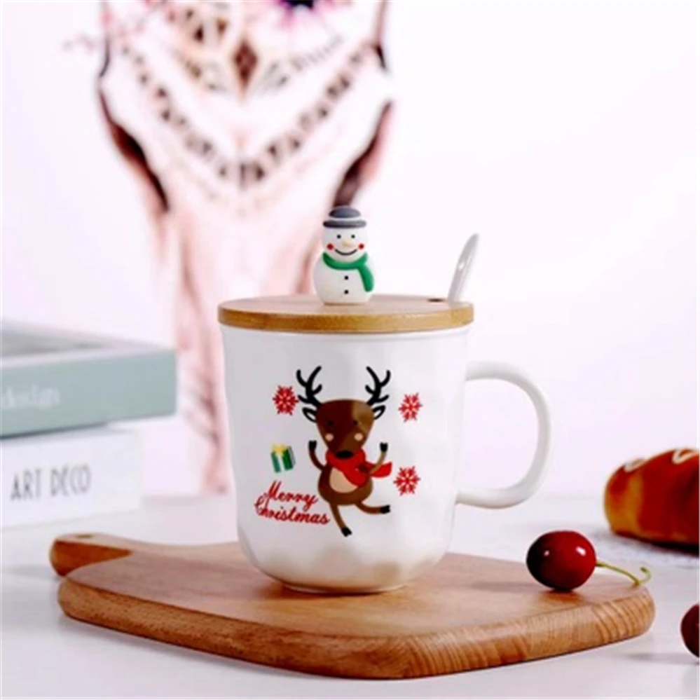 Christmas Cartoon Cup Creative Ceramic Cup Custom Wood Cover Mug Fashion Office Coffee Cups