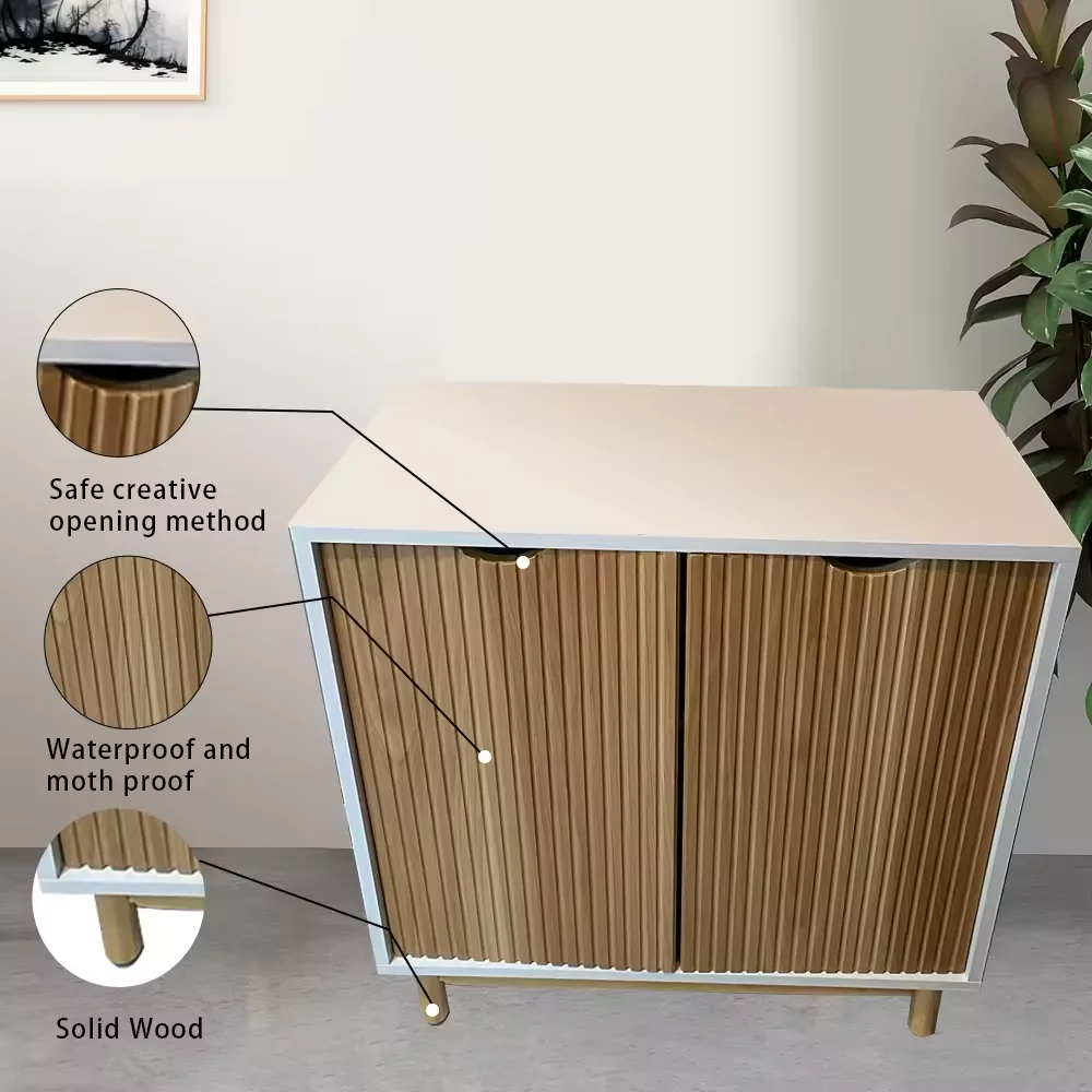 Modern Style Accent Bathroom Floor Cabinet Solid Wood Rattan Storage Sideboard Buffet with Door for Living Room