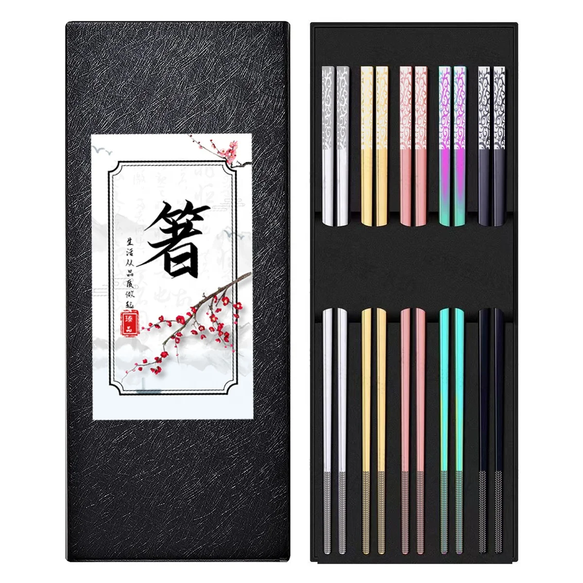 Custom Logo Reusable Luxury Colorful Polish 304 Stainless Steel Metal Chopsticks 5pairs With Gift Box Set
