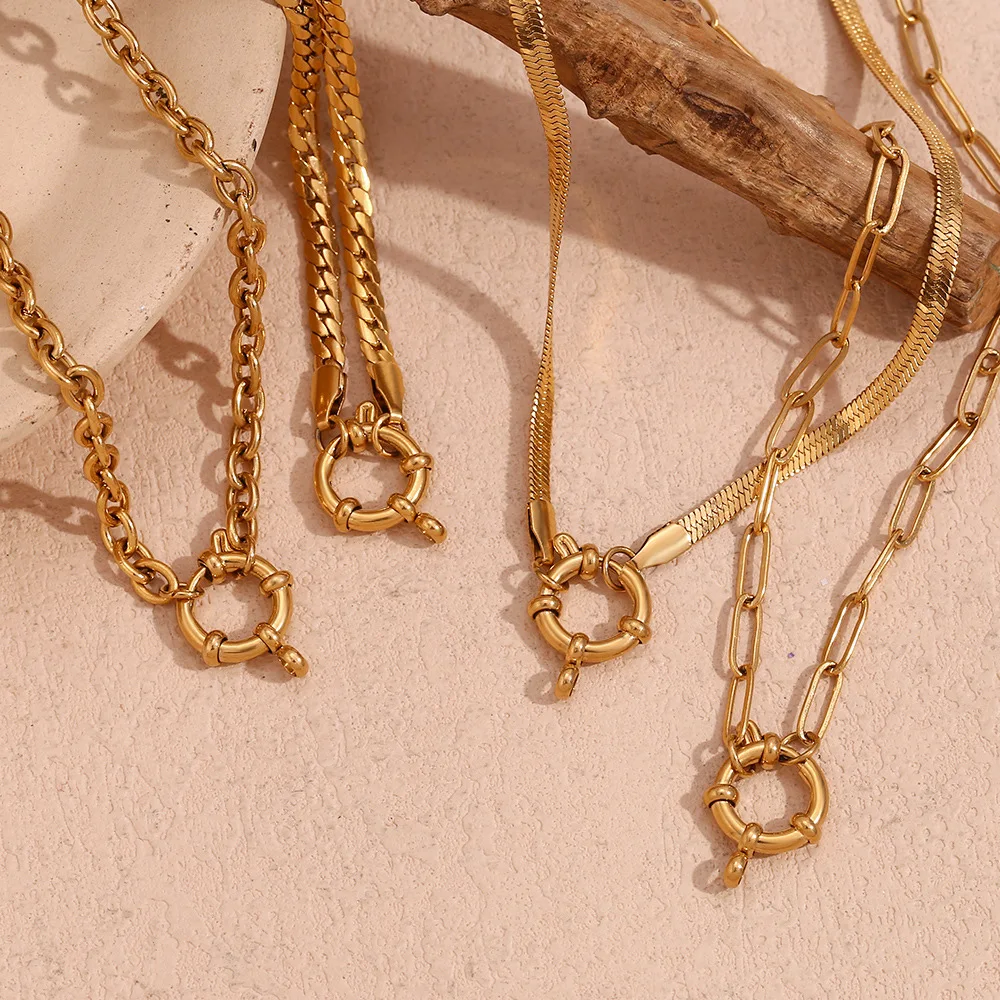 Manna Fashion Minimalist Stainless Steel 18K Gold Paper Clip Chain Necklace With Round Spring Clasp Sailor Buckle