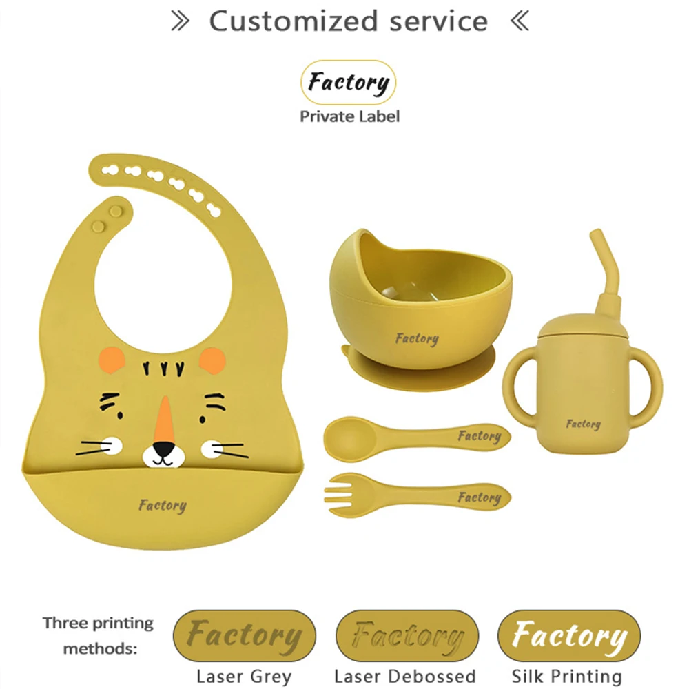 RTS Baby Tableware Kit Bebe Silicone Feeding Set Suction Bowl Printed Bib OEM Design Babero Bamboo Cutlery Set With Straw Cup
