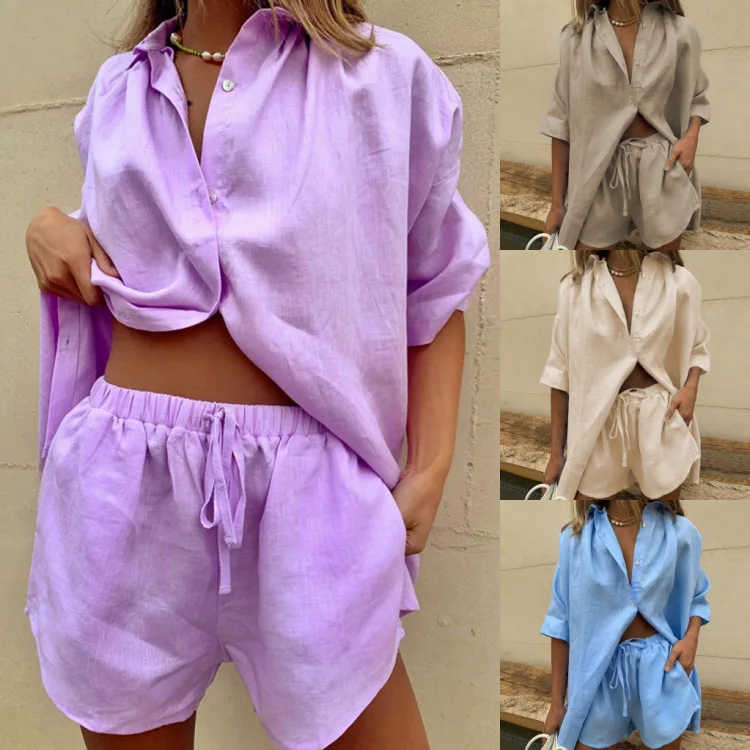 
Casual Womem Yellow Lounge Wear Summer Tracksuit Shorts Set Long Sleeve Shirt Tops And Mini Shorts Suit 2021 New Two Piece Set 