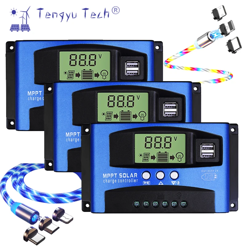 3 MPPT Solar Charge Controller 1 LED Flowing Light Magnetic Charging Cable USB Cable Charging Data Cable Line 3 in 1