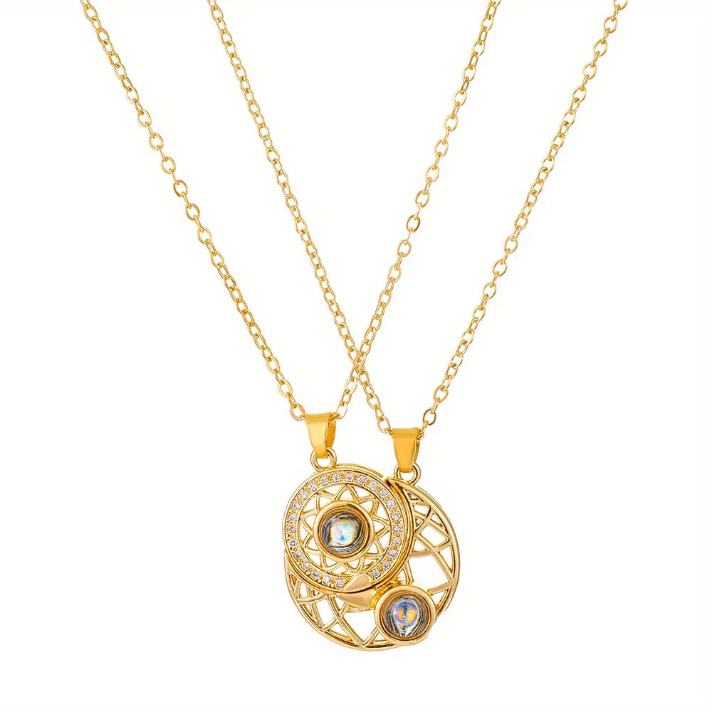 Sun Moon Couples Projection Necklace Fashion Magnetic Pendant Chain Necklace 100 Languages I Love You Stitching Necklace