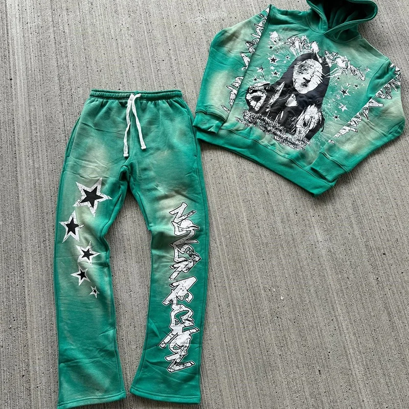 Custom Logo DTG Print  Men Tracksuit Hoodie Set Velour And Mens Sweatpants Streetwear Hoodies Tracksuit