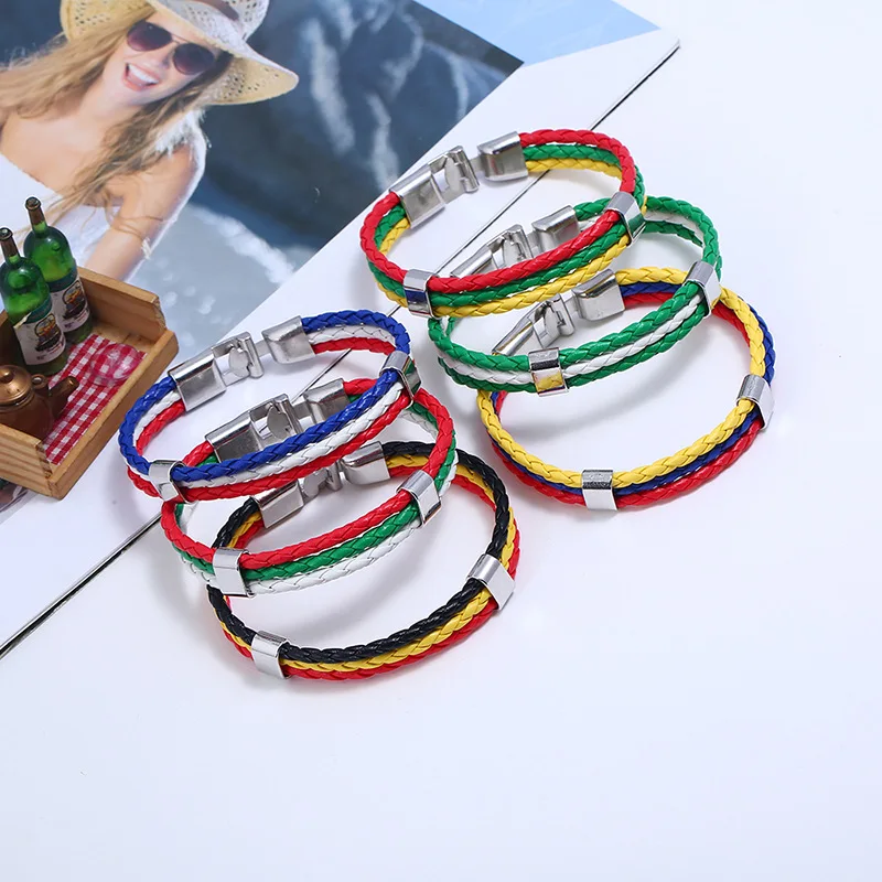Fashion Nation Country Flag Color Friendship Bracelet plain PU Leather Braided Football Sporty Wrap Bracelet For Men Women