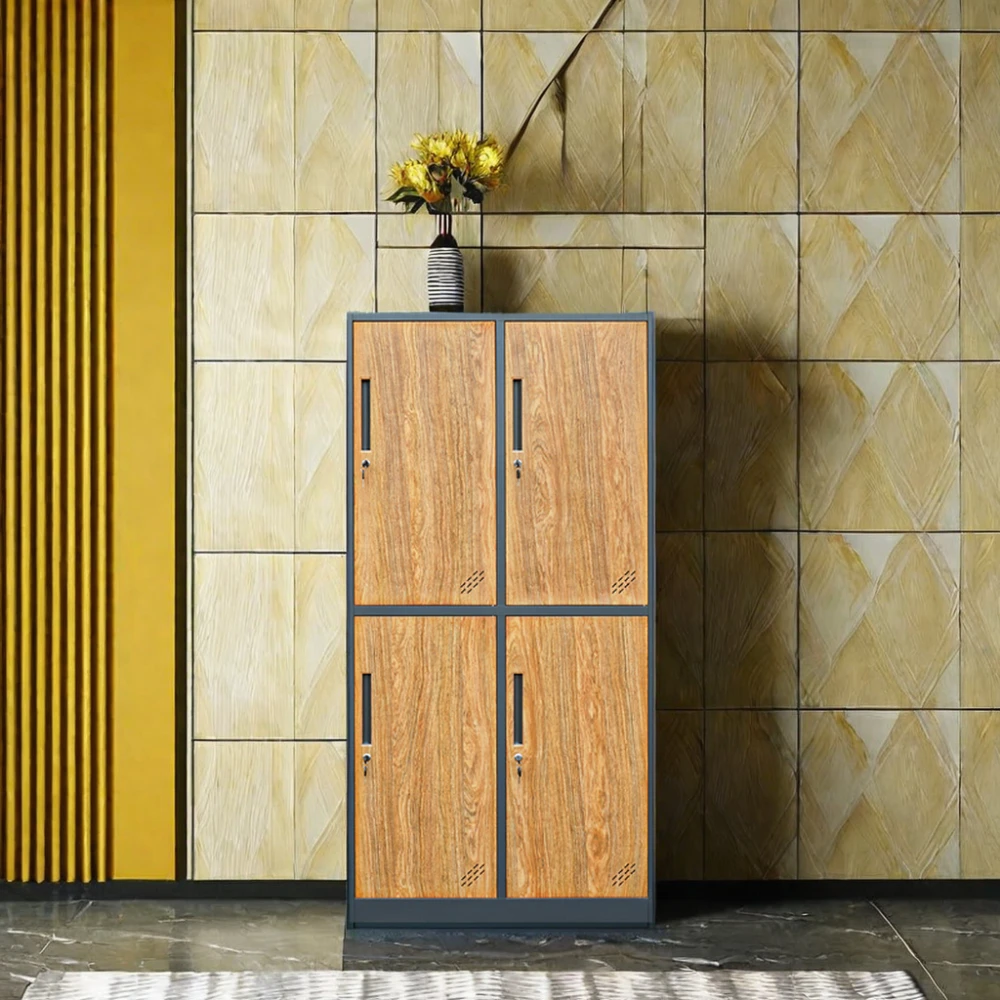 4-Door Personal Use Steel Wardrobe with Transfer Wood Grain Design Bedroom Furniture with Shelves for Home or School