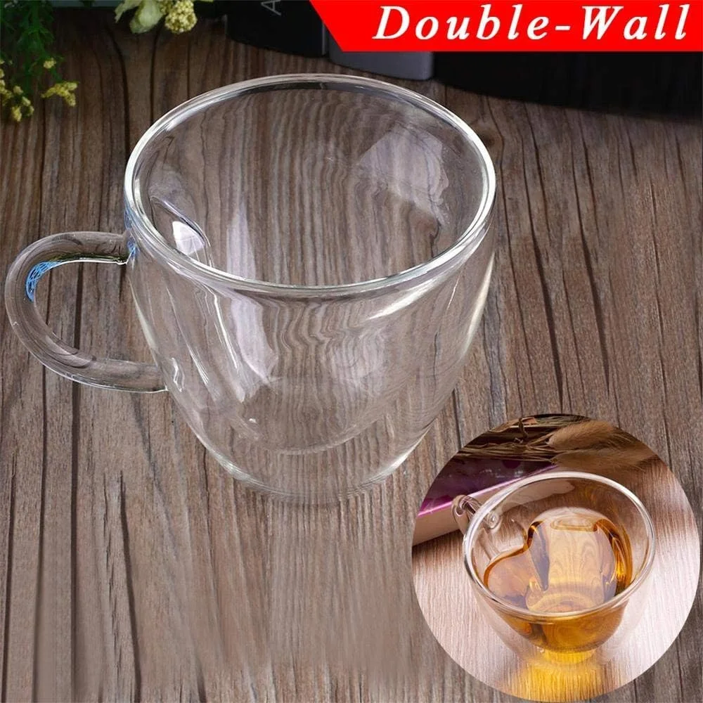 Customized Double Wall Mug Coffee Glass Love Cup Heart Shaped Double Wall Glass Mug