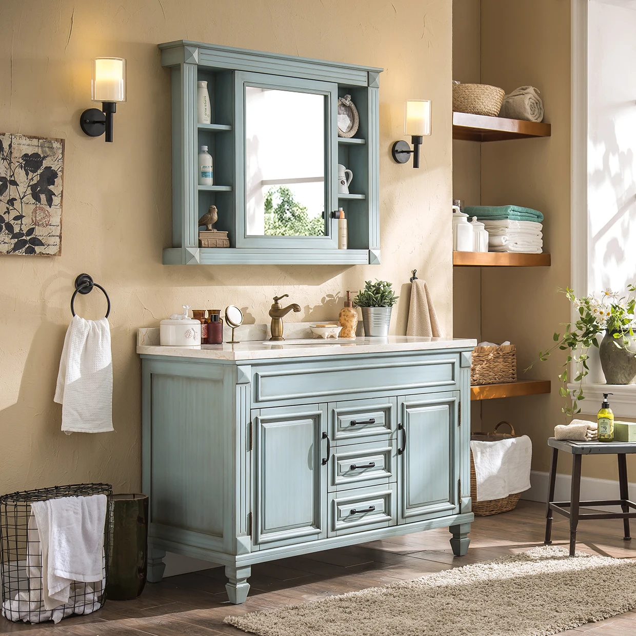 Floating Vanity Modern American Style Oak Wood Floor Standing Bathroom Vanity Furniture Sets Bathroom Cabinet With Mirror