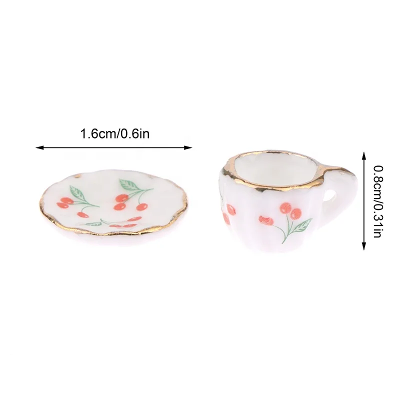 2Set 1:12 Dollhouse Miniature Cherry Ceramic Cup Saucer Kitchen Tableware Model Decor Toy Doll House Accessories