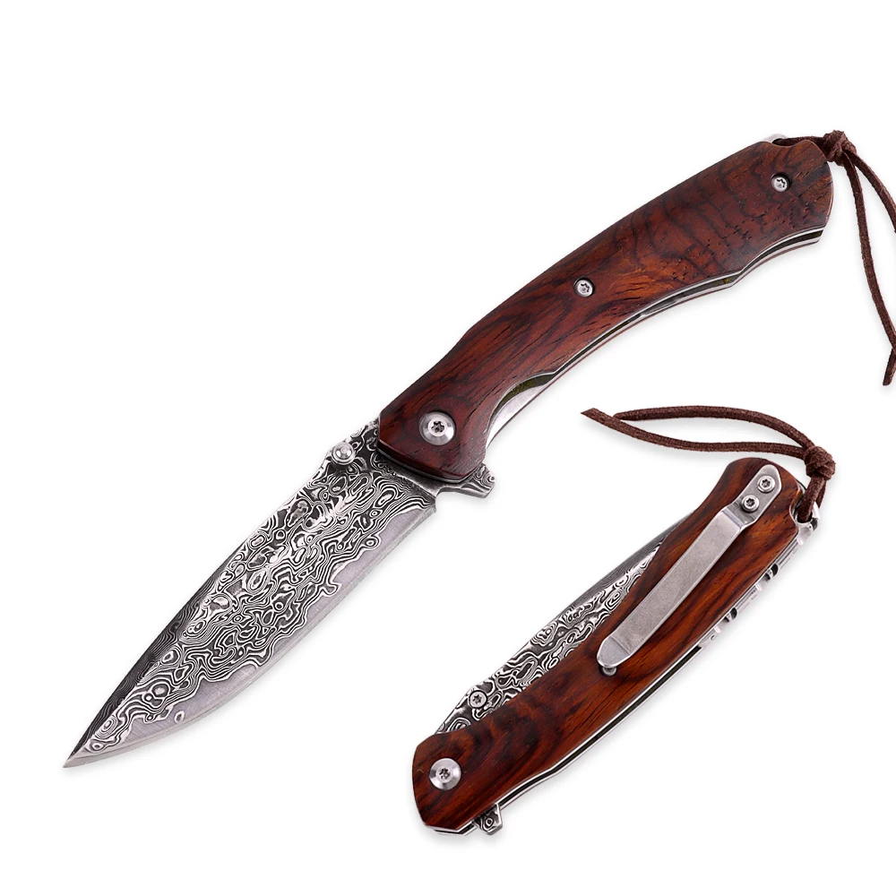 
Handmade Yellow Sandalwood Handle Damascus Steel Outdoor Camping Survival EDC Folding Pocket knife 