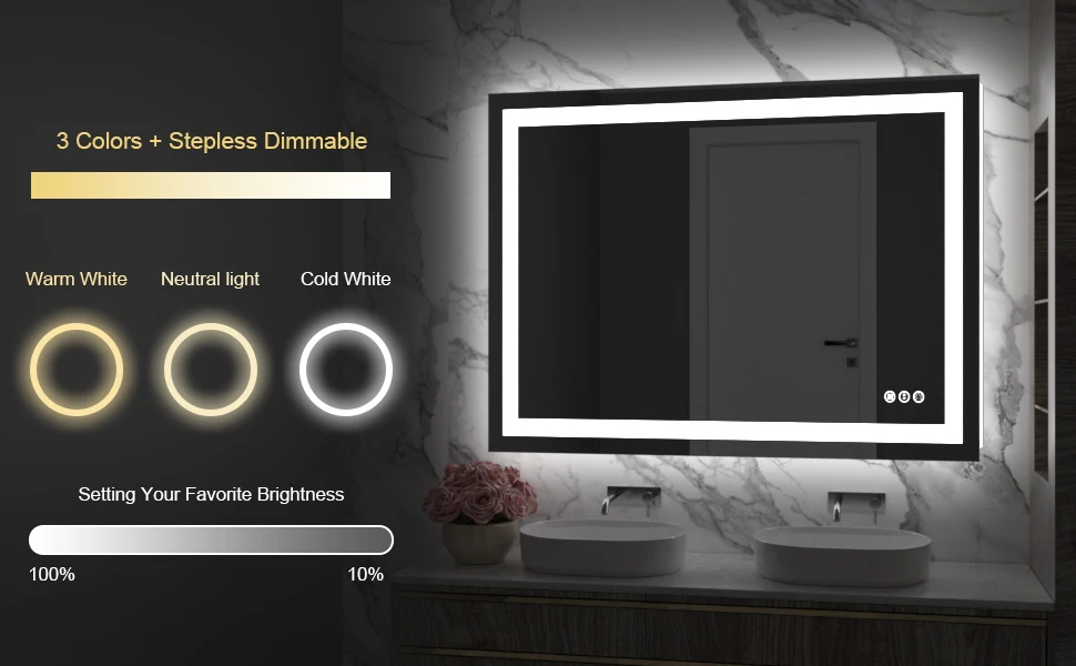 72'x 40' LED Mirror frameless for Bathroom with Front and Backlight,Large Dimmable Wall Mirrors with Anti-Fog