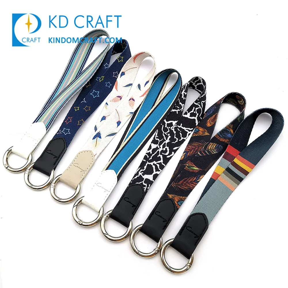 High quality no minimum custom logo printing polyester climbing hook wrist strap short carabiner lanyard keychain