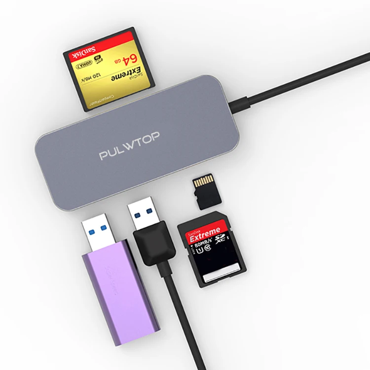 Pulwtop Portable USB Station SD Card and TF Card Reader USB 3.0 Hub 4 Port Ultra Slim Aluminum Docking