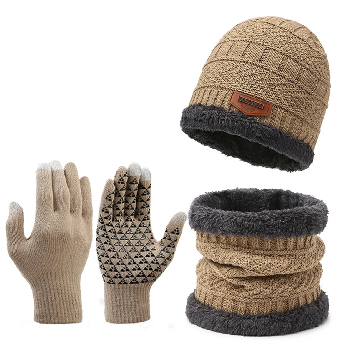 Soft Thicken Wool Ski Hat Men Neck Warm Winter Wool Hat Set Men Beanie Knitted Gloves Scarf Set