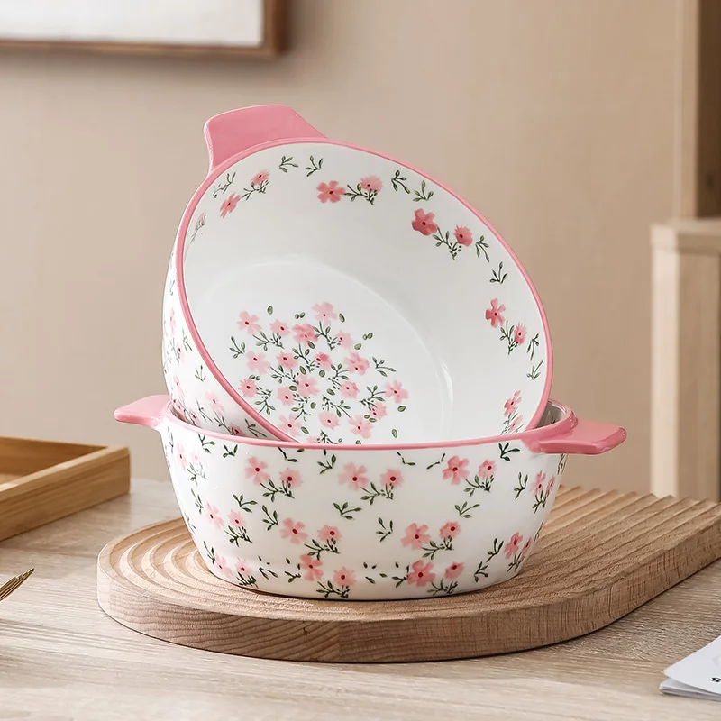 Wholesale In Stock Ceramic Large Noodle Soup Bowl Stoneware Hand-Painting Dinnerware Pink Ramen Bowl Oven Microwavable Safe