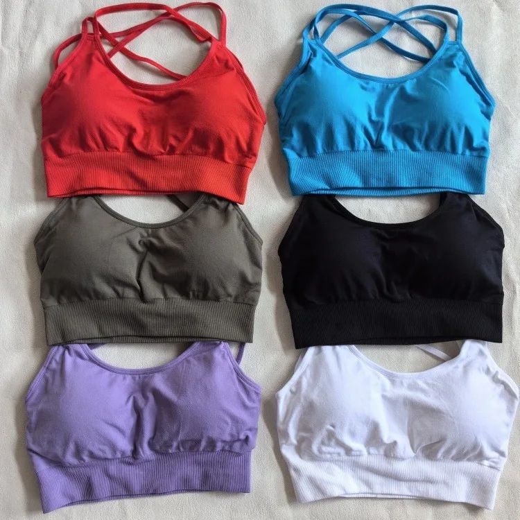 Double Shoulder Crisscross Open Back Seamless Womens Gym Yoga Sports Bra Corset Top Yoga Bra