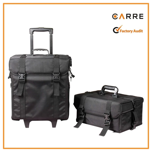 2 in 1 Professional Makeup artist soft Black nylon Fabric Wheeled Rolling soft trolley cosmetic case Set with Drawers