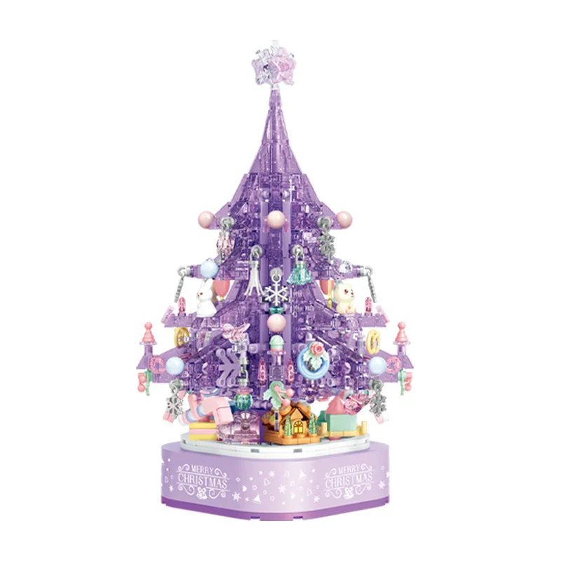 Purple Crystal Christmas Tree Spinning Luminous Music Box Building Block Toys For Children Christmas Gifts
