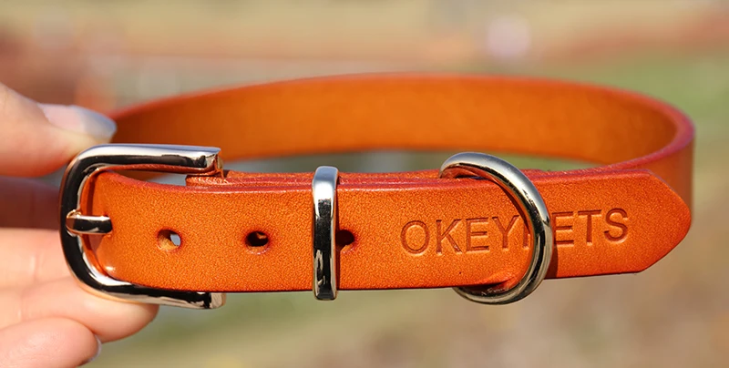 Okeypets Natural Cowhide Durable Training Dog Collars Necklace Luxury Leather Dog Collar With Gold Buckle