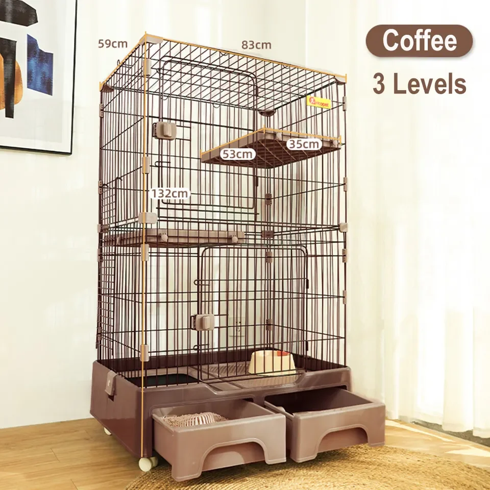 Top Seller Indoor Large Moving Wheels 3 Level Cat House Playpen Cage With Litter Box And Storage