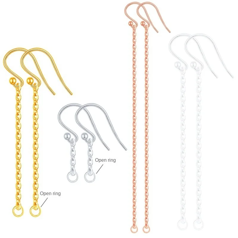 925 Sterling Silver Simple Drop Earrings Open Loop Chain Tail Bead Hook Pierced Beads Set Wire Jewelry Findings Bag Packaging