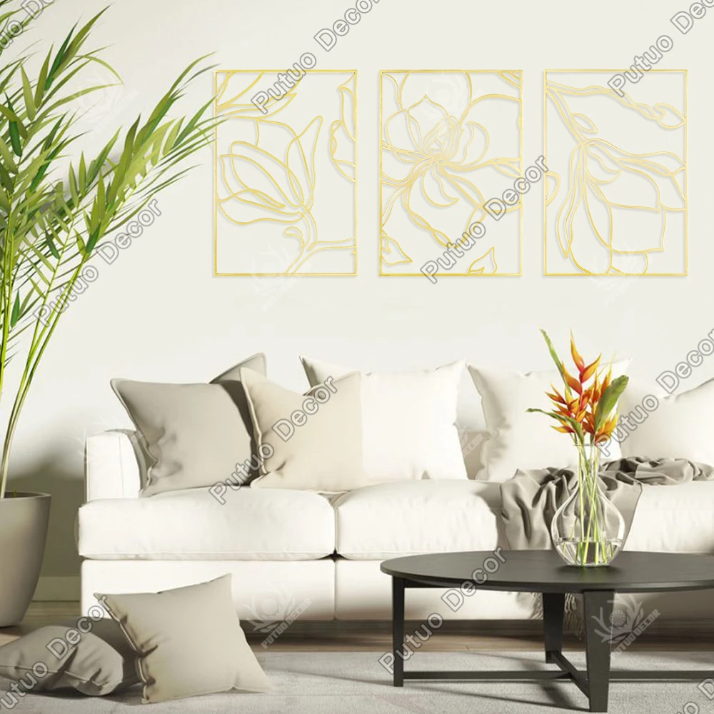 Putuo Decor Gold Flower Metal Wall Art Modern Minimalist Line Design Abstract Hanging Real Metal Wall Sculpture Accent