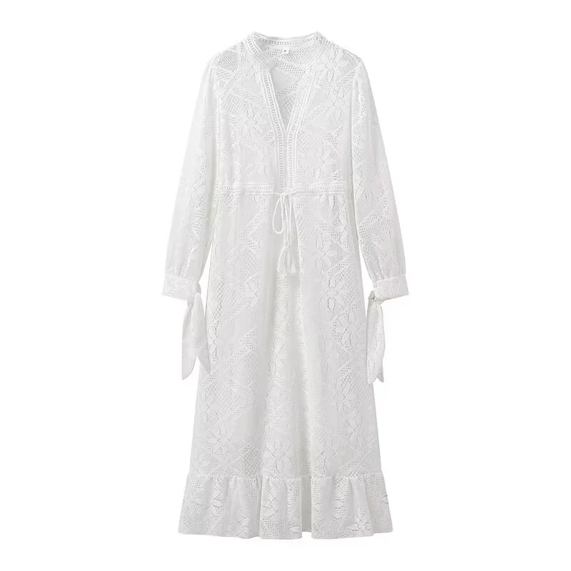 TAOP&ZA 2024 spring new hot girl French fashion V-neck white mesh long-sleeved slimming two-piece dress