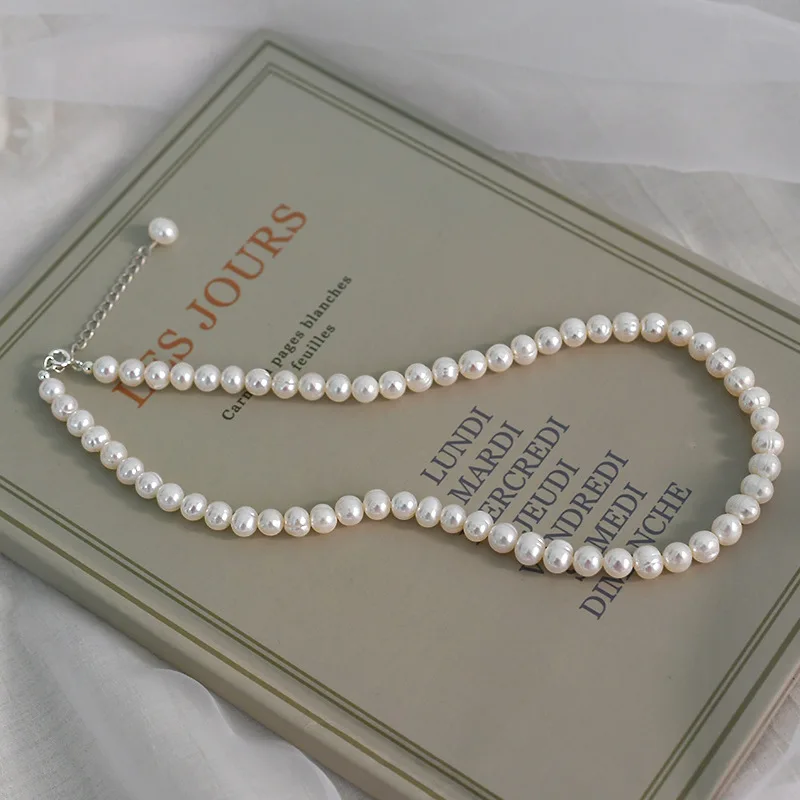 New Style Fashion  6-7mm White Cultured Freshwater 925 silver simple clavicle chain Pearl Necklace