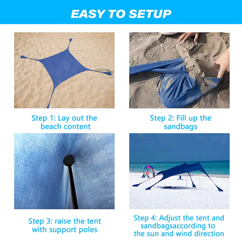 Beach Canopy Sun Shade UPF50+ Anti-Wind Beach Tent with Sand proof Private Beach Wind Screen Stable 4 Sandbags Design