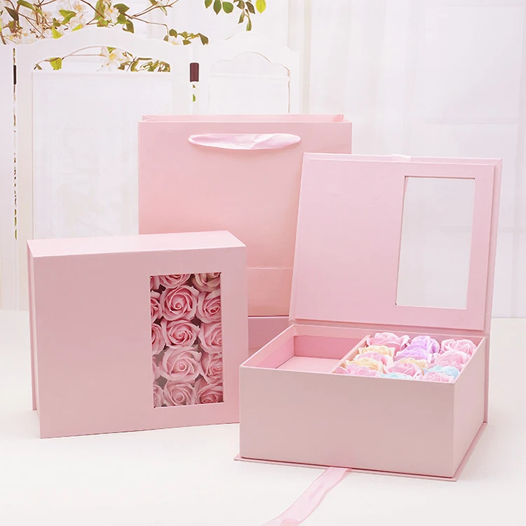 Customization Package Design Paper Gift Magnetic Box Black Pink Flower Rose Box With Window Packing