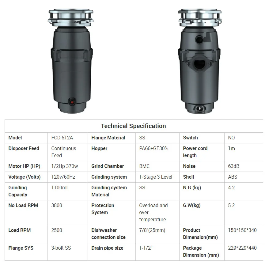Wasteclean 1/2Hp 370w Food Waste Machine with 3-Level Grinding System kitchen food waste disposer,EZ Mount Flange SYS