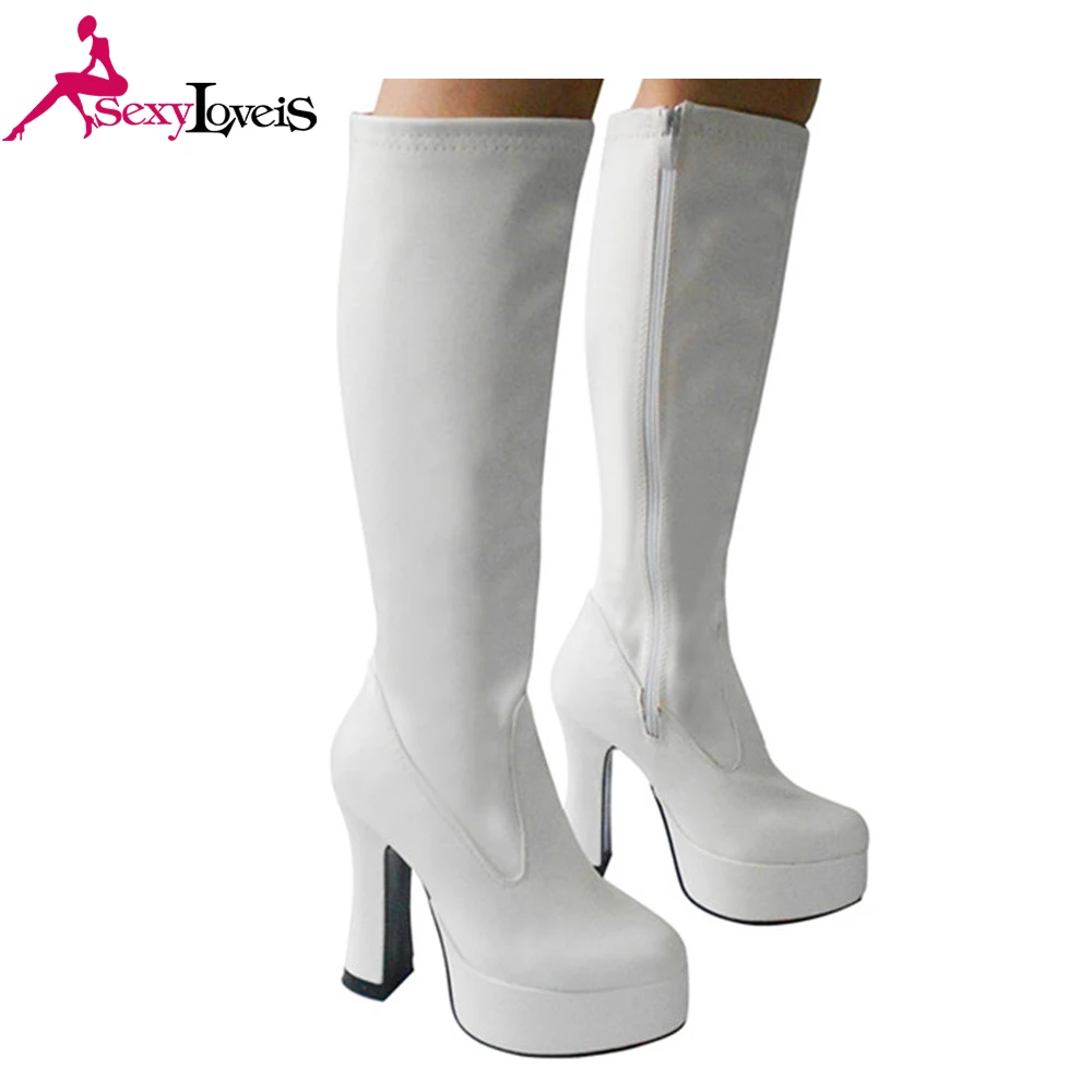 Classical design big size  women knee heel boots chunky High heel Gogo boots women cheerleaders dancing boots for women