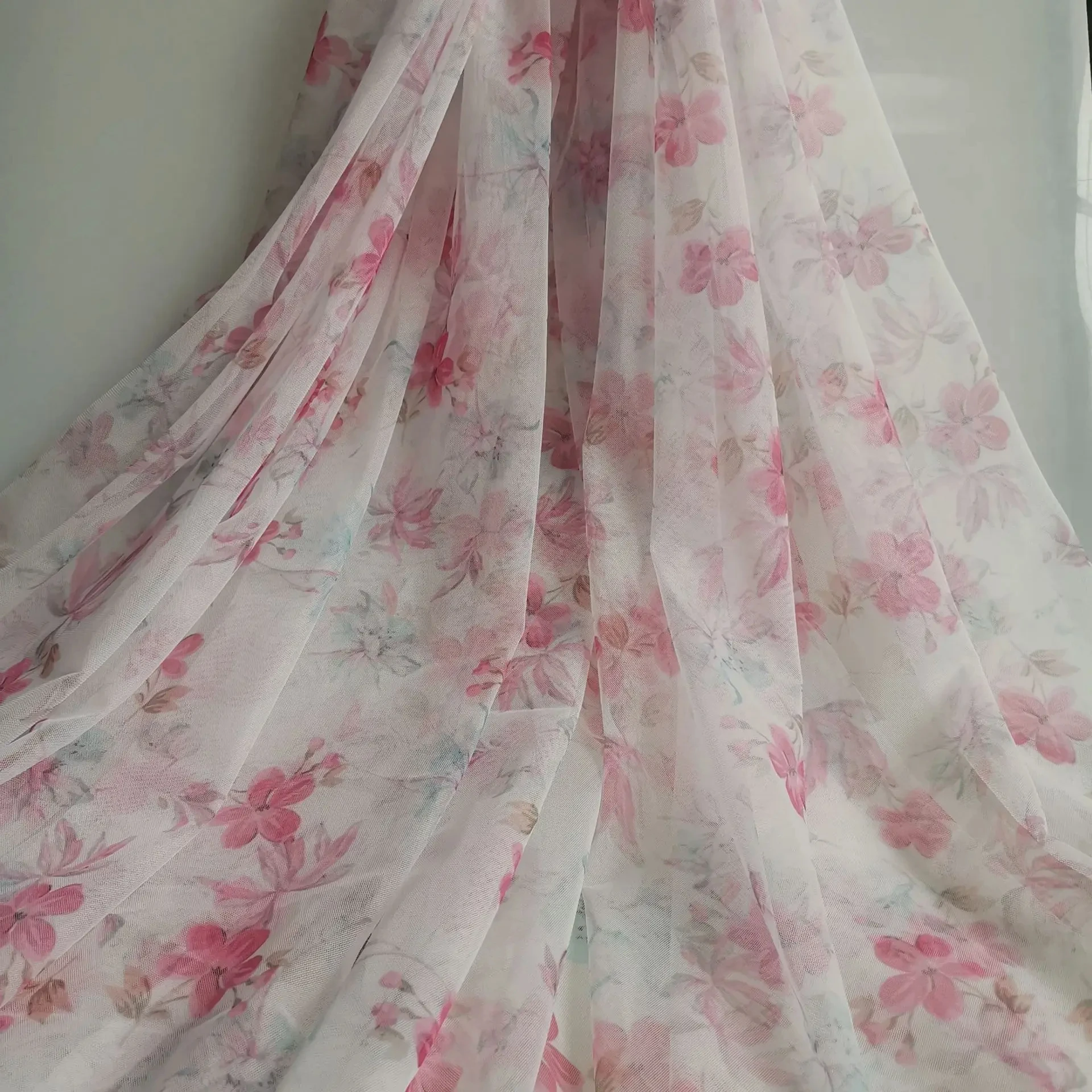 Floral Print Mesh Flower Digital Printed Tulle Breathable Summer Dress Polyester Fabric