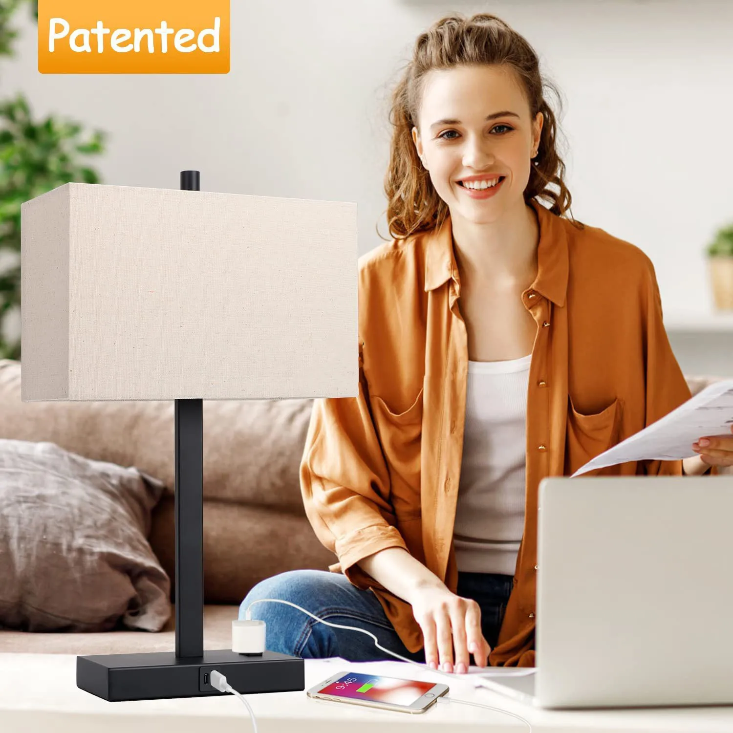 American standard 110V linen table lamp USB interface AC socket living room study bedroom bed three dimming table lamp