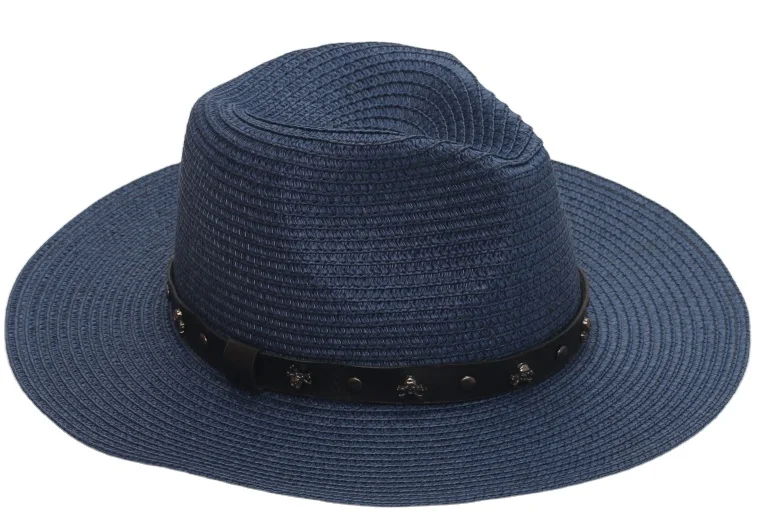 Wholesale summer flat brimmed straw hat wide brimmed sun cheap Beach Hat Fedora beach paper straw hat support custom logo