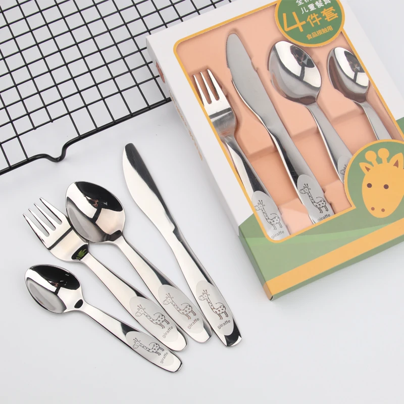 304 Stainless Steel Kids Cutlery Cartoon Pattern Carving Children Tableware Cutlery Set
