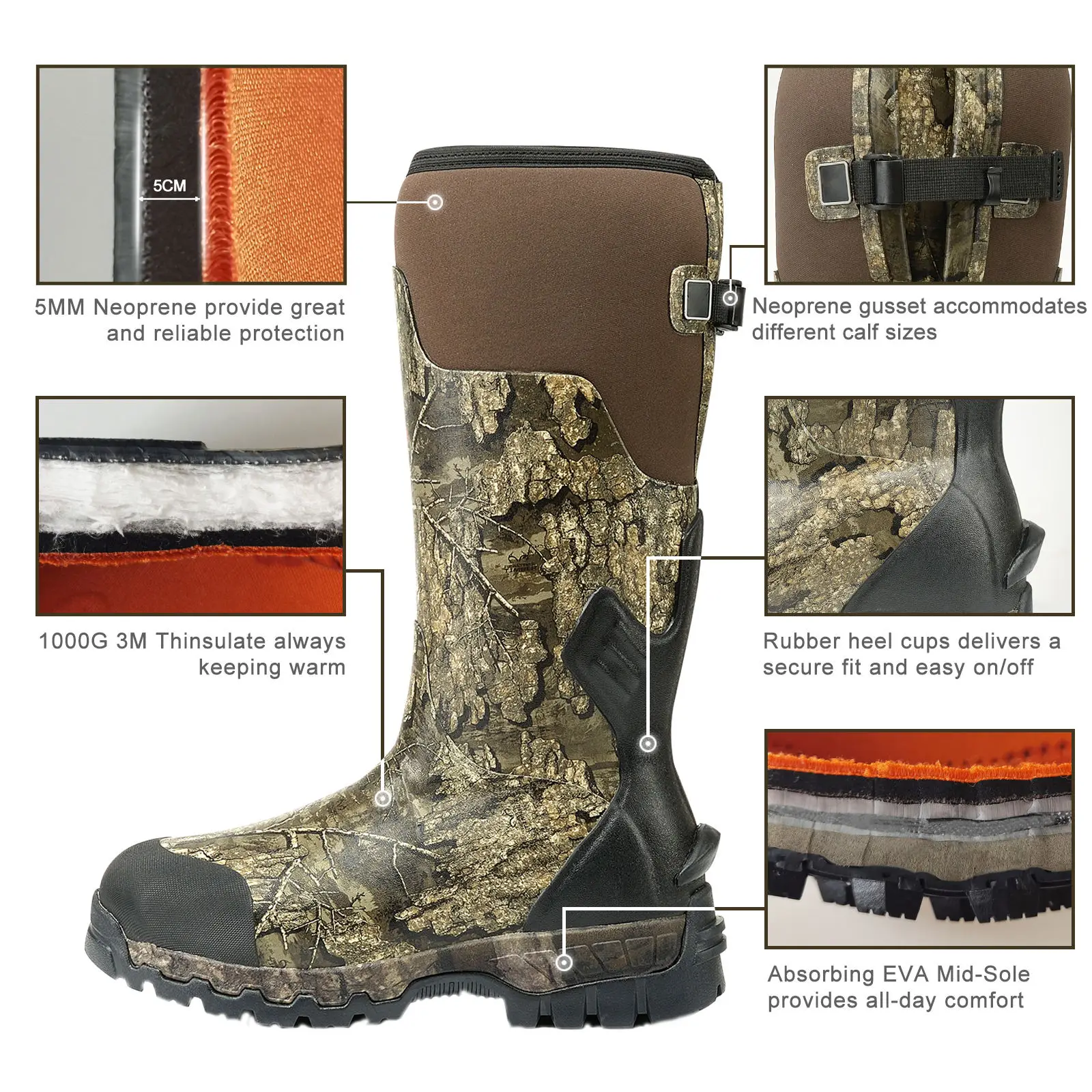 Top quality bbest selling waterproof non-slip durable fashion logo customized waterproof hunting boots, boots hunting camouflage