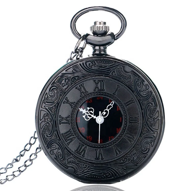Vintage Charm Black Unisex Fashion Roman Number Quartz Steampunk Pocket Watch Women Man Necklace Pendant with Chain