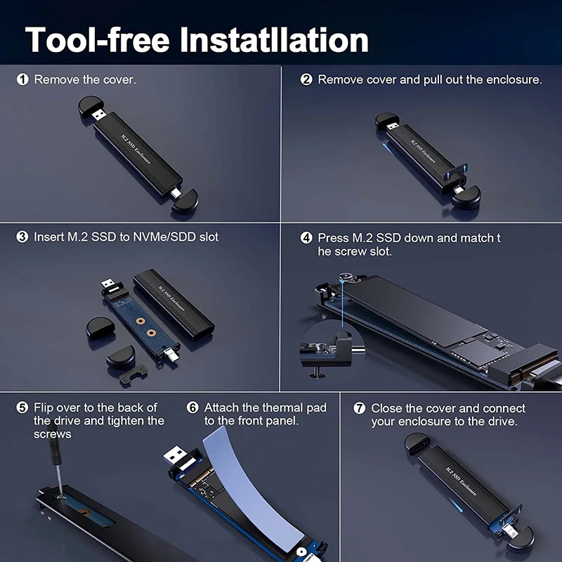 M.2 NVMe SSD Enclosure 10Gbps USB C USB3.1 Hard Drive Case Support 2280/ 2242/ 2260 SSDs External Hard Drive Enclosure