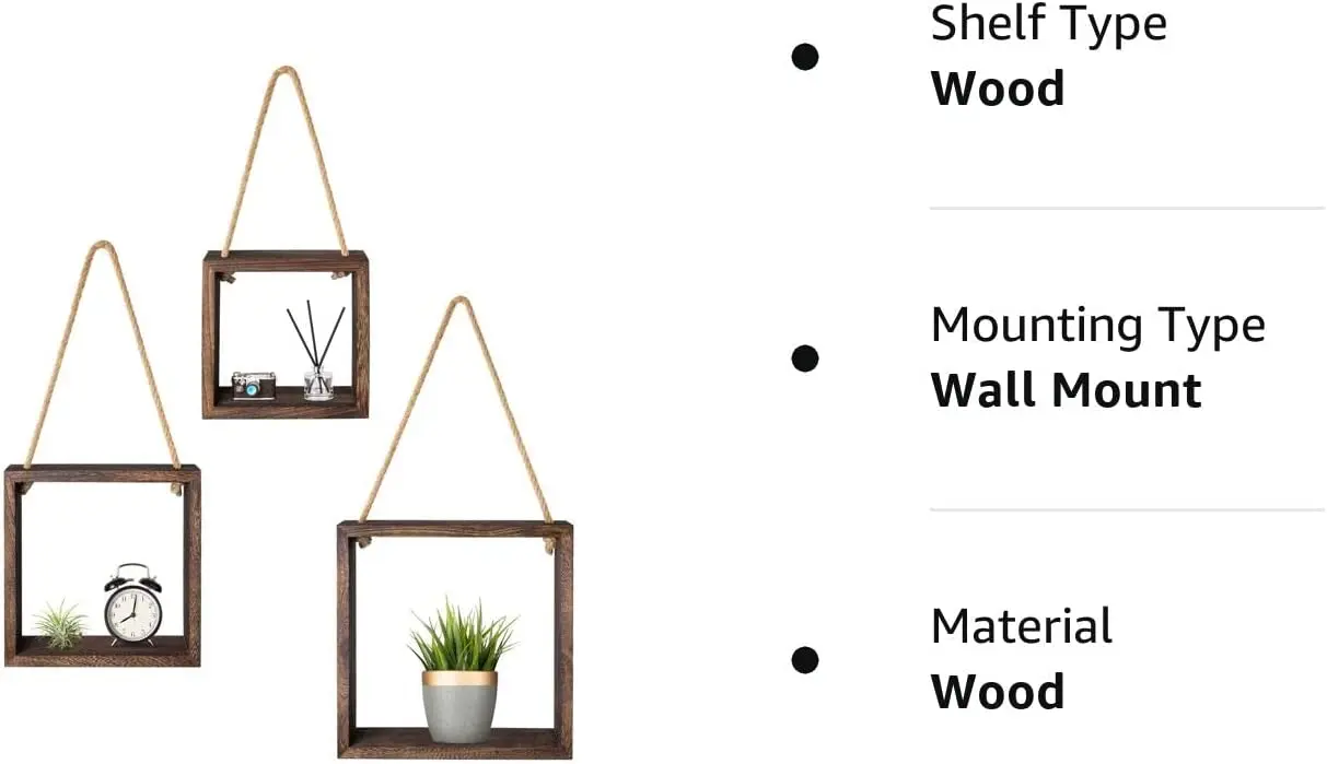 Hanging Square Floating Shelves Wall Mounted Set of 3 Wood Cube Decorative Shelf for Office Living Room Bedroom Apartment