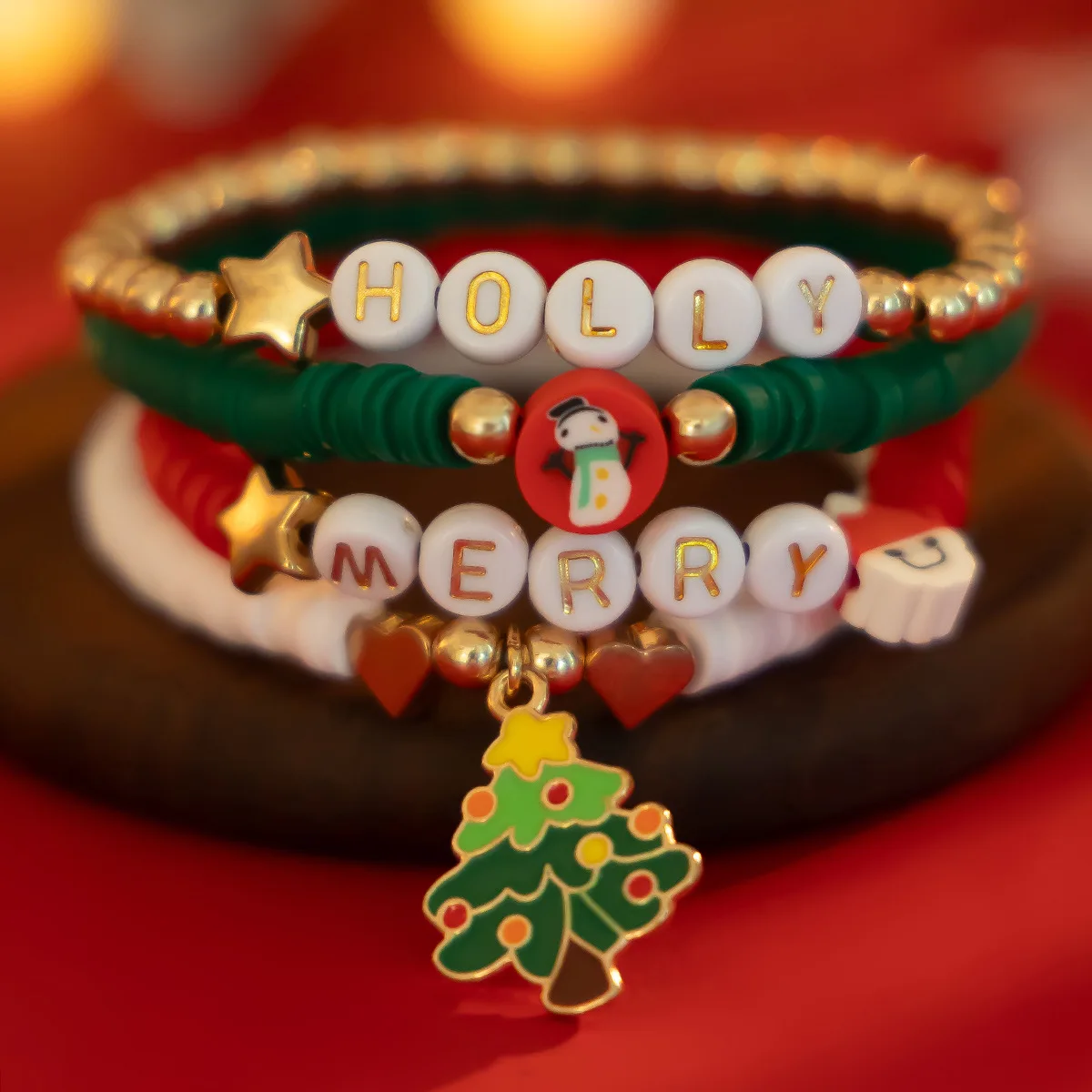 Cute Polymer Clay Beaded Christmas Decoration Charms Bracelet Set For Party NE1483