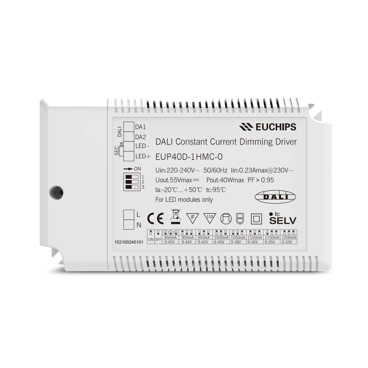 EUCHIPS 40W High Power Selectable LED Dimming Driver Dali Constant Current Dimmable Led Driver for Lighting Systems