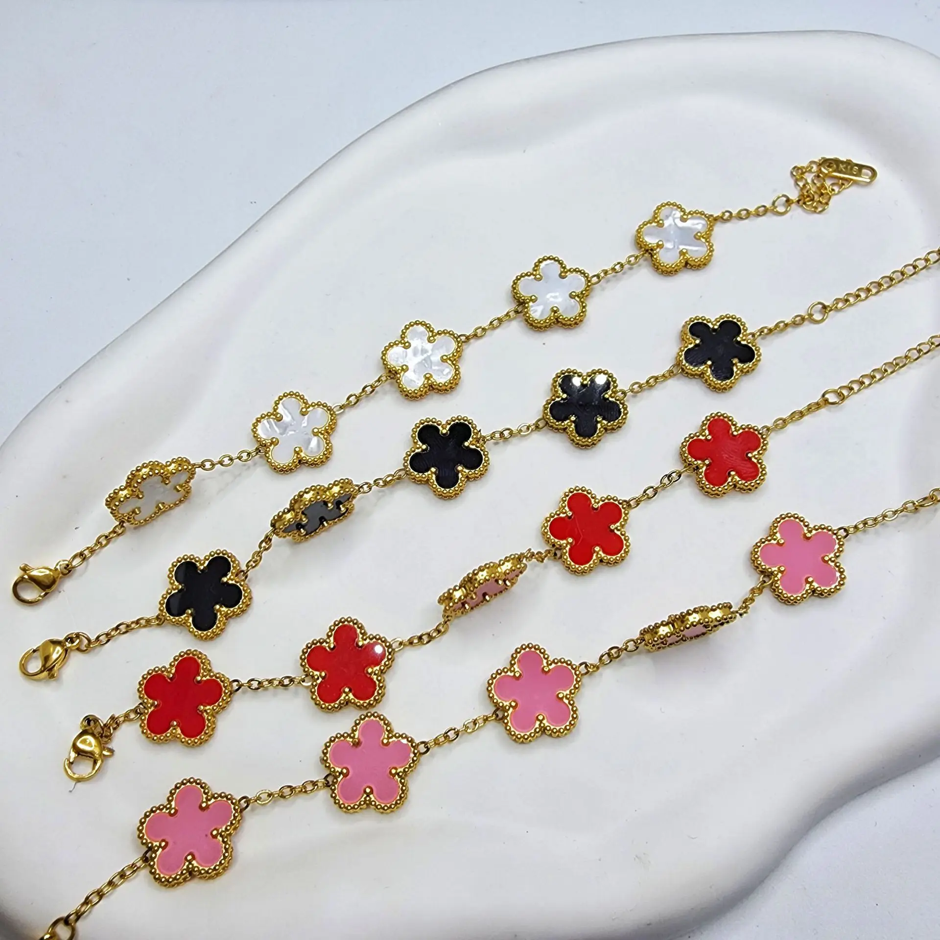 Carline Topsale Five Leaf Clover Bracelet Shell Colorful Jewelry Stainless Steel 18k Gold Plated Bracelet Five Flower Bracelet